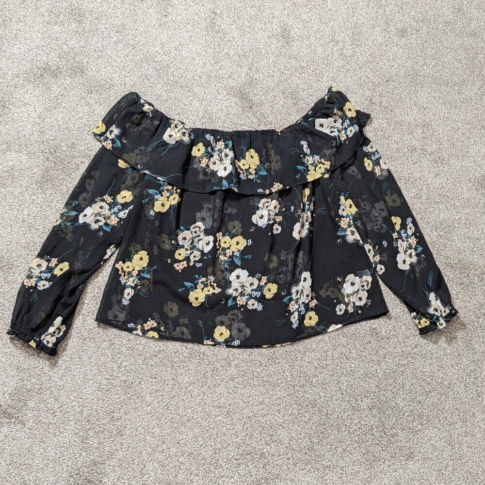 a.n.a. Black Floral Sheer Chiffon Off-Shoulder Ruffle Peasant Top; Size L
